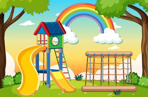 Plac zabaw dla dzieci w parku z tęczy na niebie w stylu kreskówki w ciągu dnia