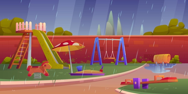 Plac Zabaw W Deszczową Pogodę, Pusta Strefa Dla Dzieci Ze Zjeżdżalniami, Piaskownicą I Huśtawkami Do Zabawy I Rekreacji.