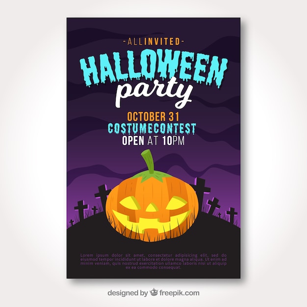 Bezpłatny wektor plakat halloween z dyni na cmentarzu