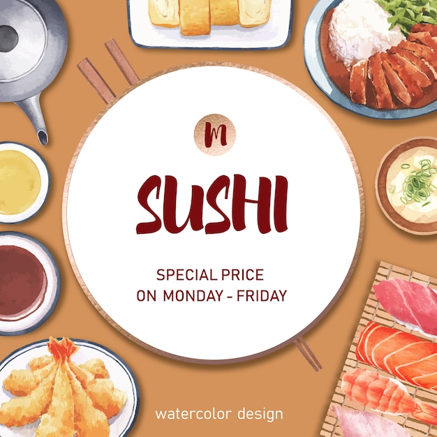 Plakat Ilustracji Sushi Restauracji. Inspirowany Stylem Japońskim W Nowoczesnym Stylu