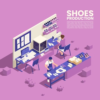 Plakat produkcji butów z izometryczną ilustracją symboli jakości obuwia