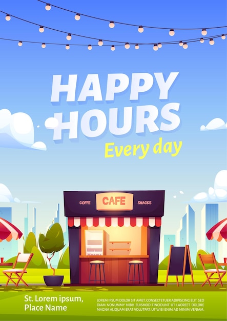 Plakat Reklamowy Happy Hours Z Kawiarnią Na świeżym Powietrzu Z Kawą I Przekąskami