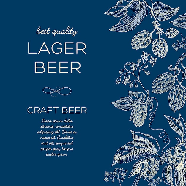 Plakat szkic streszczenie botanicznego piwa z tekstem i ziołowymi gałęziami chmielu na niebiesko