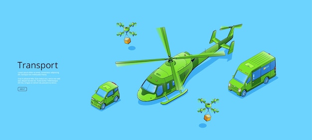 Plakat transportowy z izometrycznym helikopterem mini van mały samochód i drony dostawcze z pudełkami Baner wektorowy z ilustracją kompaktowego samochodu helikopterowego i bezzałogowych robotów powietrznych wysyłających paczki