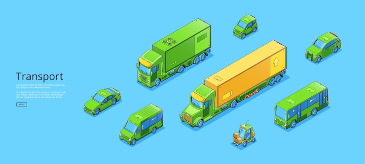 Bezpłatny plik Wektor plakat transportowy z izometrycznymi ciężarówkami i autobusami