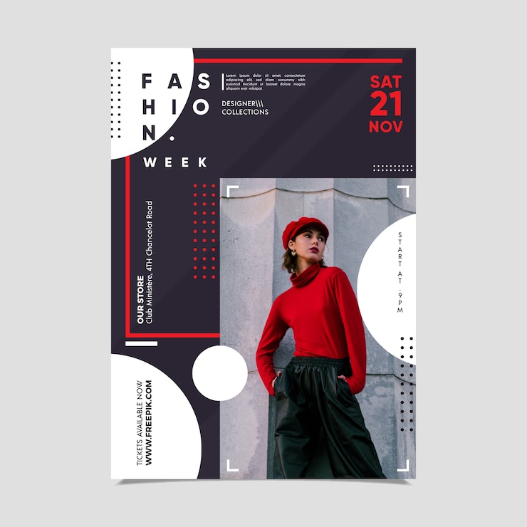 Bezpłatny plik Wektor plakat tygodnia mody ze zdjęciem kobiety
