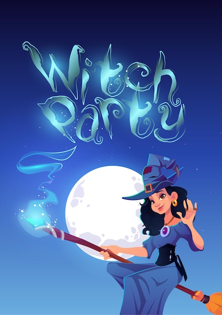 Bezpłatny wektor plakat z imprezą czarownic z piękną kobietą latającą na miotle w nocy