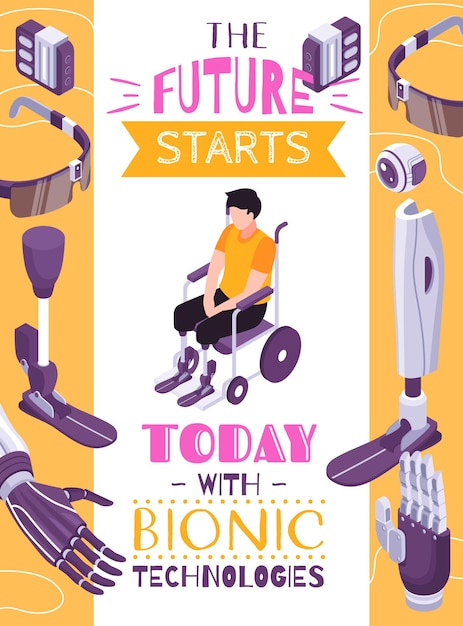 Bezpłatny wektor plakat z kompozycją izometryczną z koncepcją protezy bionicznej z kończynami robotów do określonych czynności oka kontrolowanego mózgiem