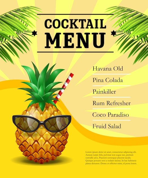 Plakat Z Menu Koktajlowym. Ananas W Okularach Przeciwsłonecznych I Słomką