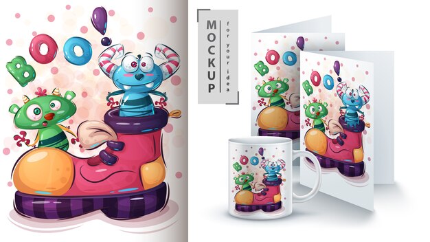 Plakat z szalonym potworem i merchandising