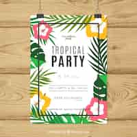 Bezpłatny wektor plakat z tropikalnych imprez z kwiatami i liśćmi w płaskim deseniu