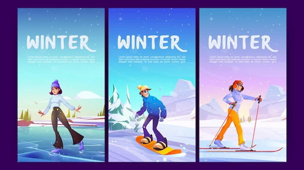 Plakaty Z Kreskówkowymi Sportami Zimowymi Z Relaksującymi Ludźmi