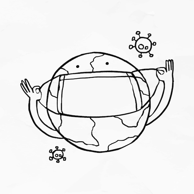 Planeta Ziemia w masce na twarz przed elementem pandemii koronawirusa doodle vector