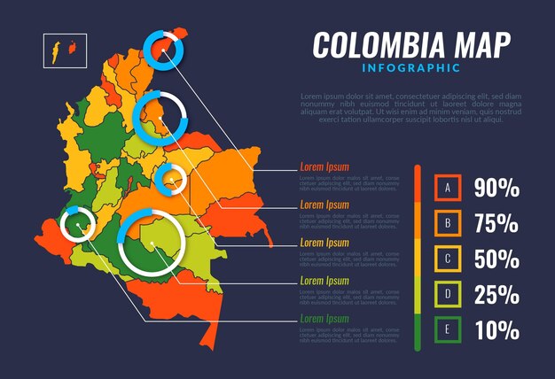 Bezpłatny wektor plansza płaska mapa kolumbii