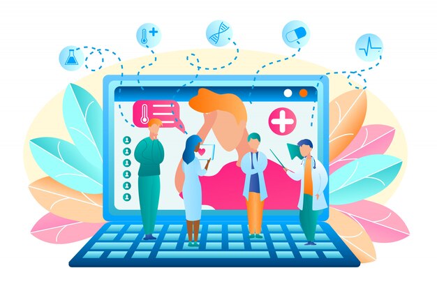 Płaska grupa wektor lekarz omawia leczenie pacjenta. Ilustracja Człowiek zwrócił się o pomoc do Doctor Online. Męski i żeński Medyczny profesjonalista Stoi na laptopie Dyskutuje Objaw Choroby Pacjenta.