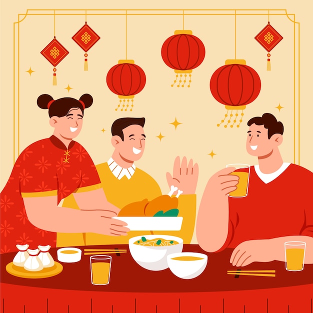 Bezpłatny wektor płaska ilustracja chińskiej kolacji noworocznej
