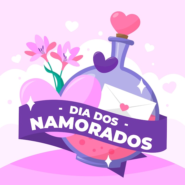 Płaska Ilustracja Dia Dos Namorados Z Kwiatami I Miksturą Miłości