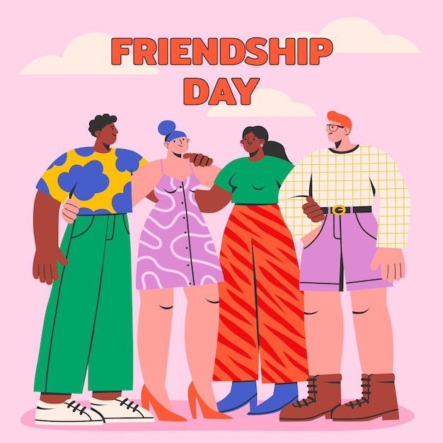 Płaska ilustracja dnia przyjaźni z przytulonymi przyjaciółmi