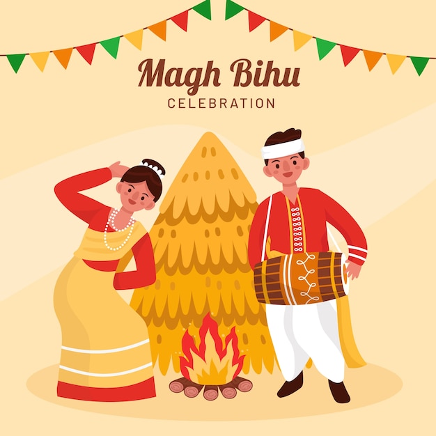 Płaska Ilustracja Do Obchodów Festiwalu Magh Bihu