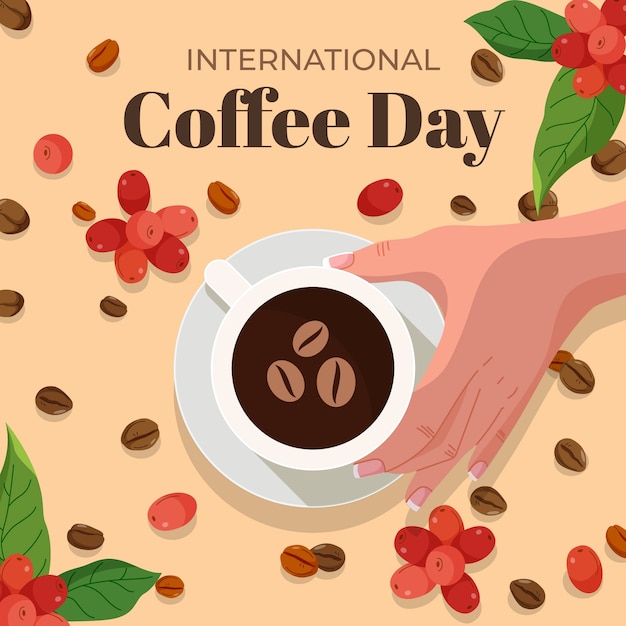 Płaska ilustracja do obchodów międzynarodowego dnia kawy