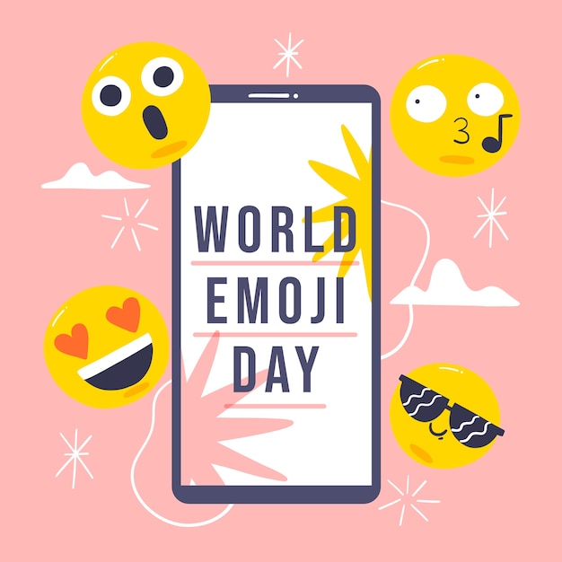 Bezpłatny wektor płaska ilustracja dzień emoji na świecie ze smartfonem