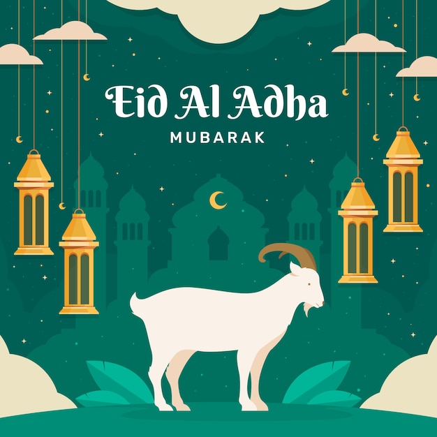 Płaska Ilustracja Eid Al-adha Z Baranem I Latarniami