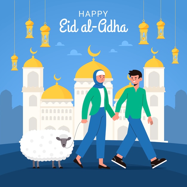 Płaska ilustracja eid al-adha z ludźmi i zwierzęciem