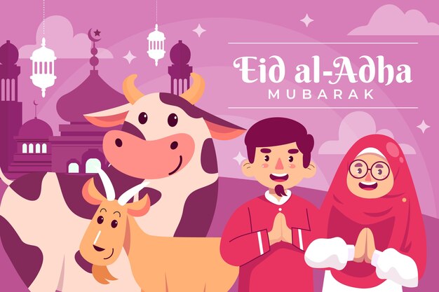 Płaska Ilustracja Eid Al-adha Z Parą Modlącą Się I Zwierzętami