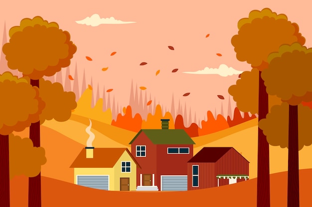 Bezpłatny wektor płaska ilustracja jesiennych domów w lesie