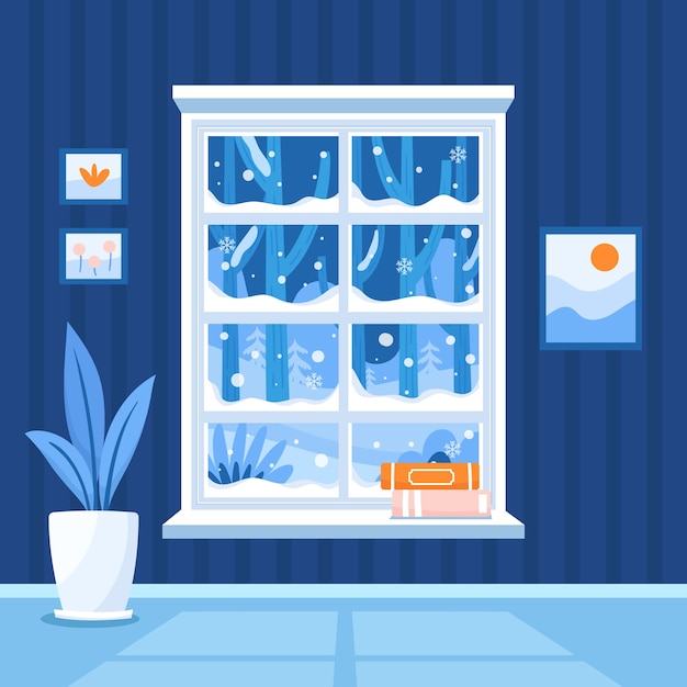 Płaska ilustracja okna zimowego