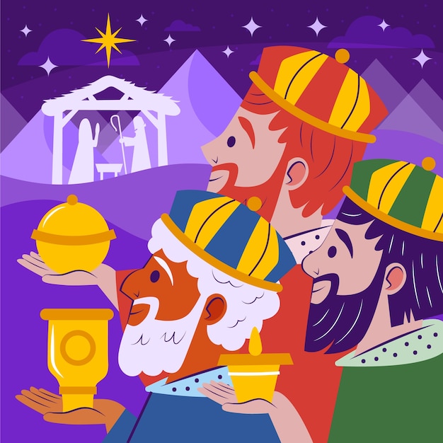 Bezpłatny wektor płaska ilustracja reyes mago przybywających do szopki