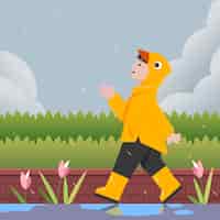 Bezpłatny wektor płaska ilustracja sezonu monsunowego z osobą chodzącą w deszczu