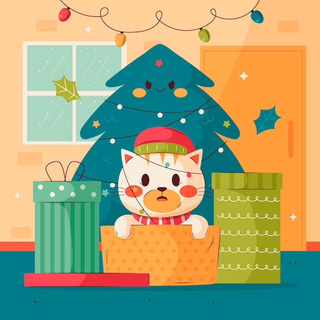 Bezpłatny wektor płaska ilustracja sezonu świątecznego z kotem kreskówkowym