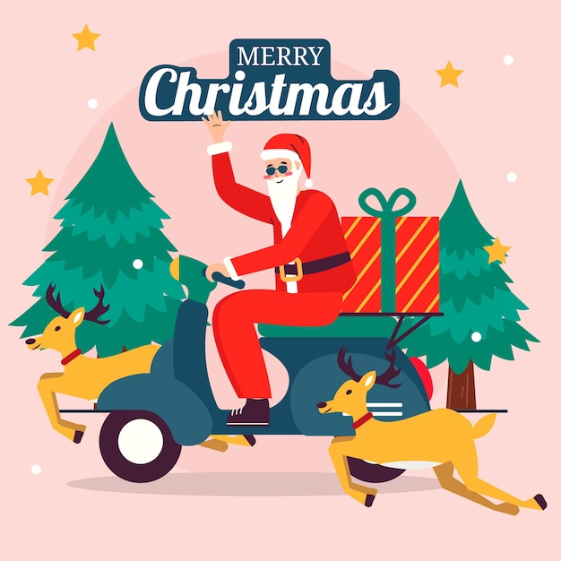 Bezpłatny wektor płaska ilustracja sezonu świątecznego z mikołajem na hulajnodze