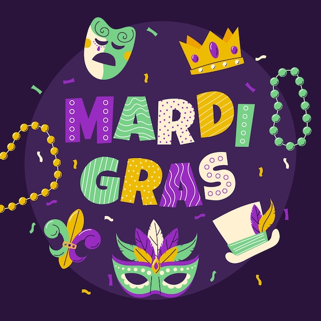 Bezpłatny wektor płaska ilustracja tekst festiwalu mardi gras