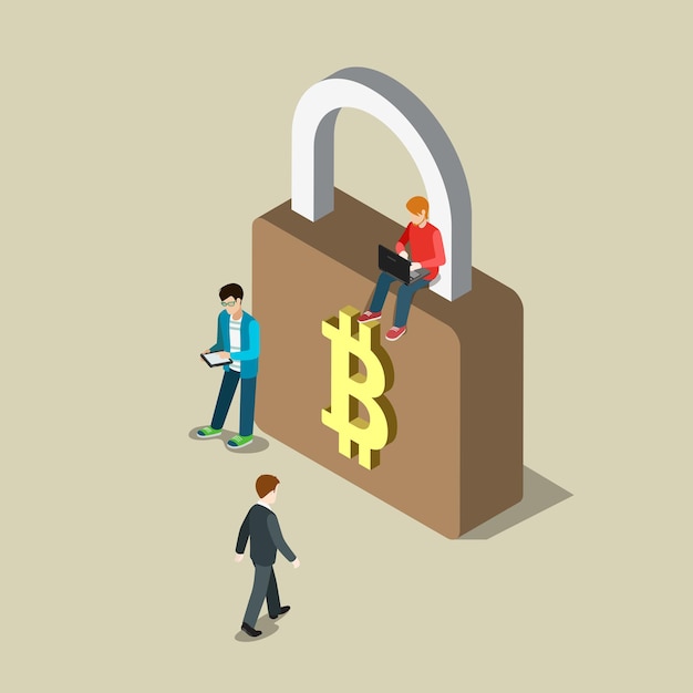 Bezpłatny wektor płaska izometryczna bezpieczna płatność za bezpieczne transakcje w bitcoinach