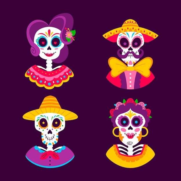 Płaska kolekcja czaszek dia de muertos