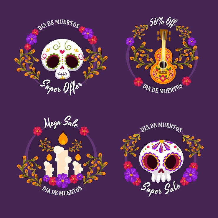 Bezpłatny plik Wektor płaska kolekcja etykiet sprzedaży dia de muertos