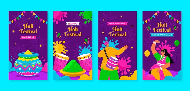 Bezpłatny wektor płaska kolekcja historii na instagramie na święto holi.