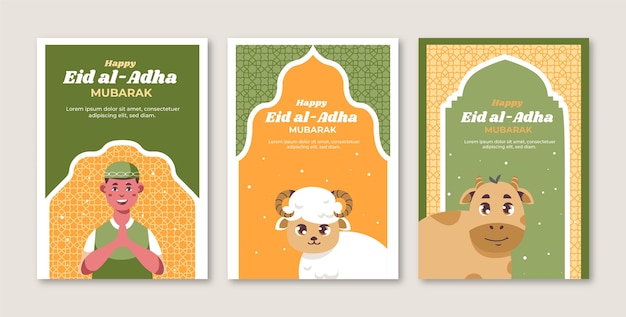Płaska kolekcja kart eid al-adha mubarak