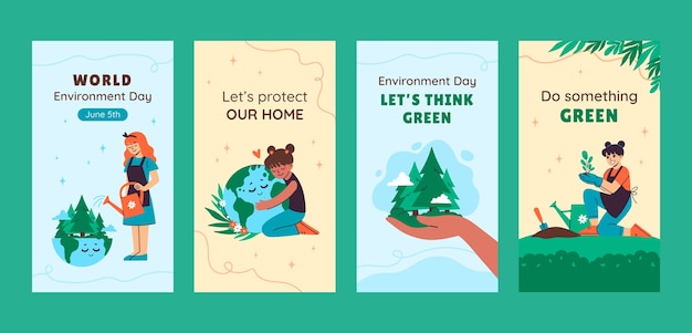 Bezpłatny wektor płaska kolekcja opowiadań na instagramie na obchody światowego dnia środowiska