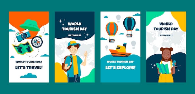 Bezpłatny wektor płaska kolekcja opowiadań na instagramie na obchody światowego dnia turystyki