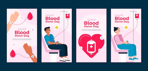 Bezpłatny wektor płaska kolekcja opowiadań na instagramie na światowy dzień dawcy krwi