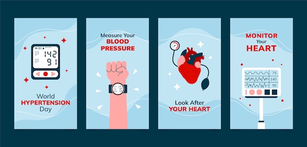 Bezpłatny wektor płaska kolekcja opowiadań na instagramie na światowy dzień nadciśnienia tętniczego