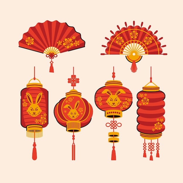 Bezpłatny wektor płaska kolekcja ozdób festiwalu chińskiego nowego roku