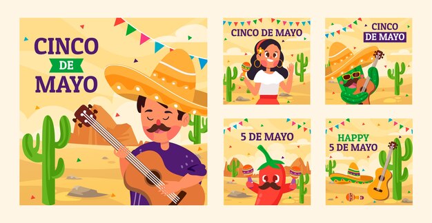 Bezpłatny wektor płaska kolekcja postów na instagramie cinco de mayo