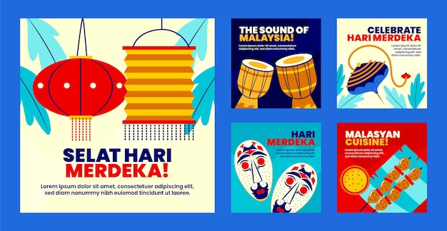 Płaska kolekcja postów na instagramie Dzień Niepodległości Malezji