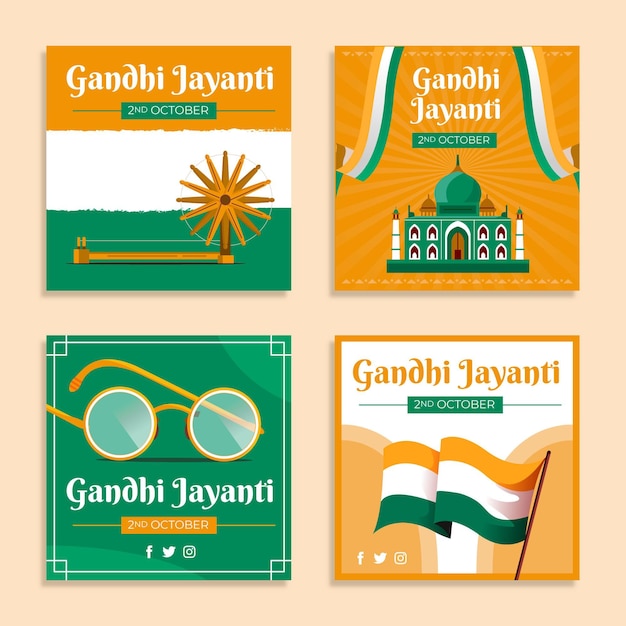 Bezpłatny wektor płaska kolekcja postów na instagramie gandhi jayanti