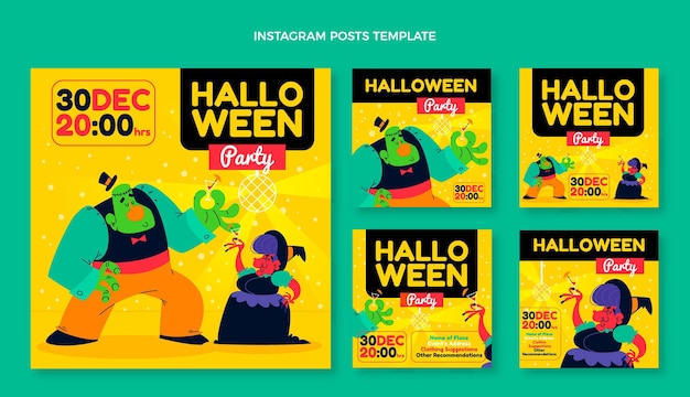 Bezpłatny wektor płaska kolekcja postów na instagramie halloween