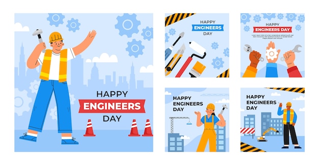 Płaska kolekcja postów na instagramie na obchody dnia inżyniera